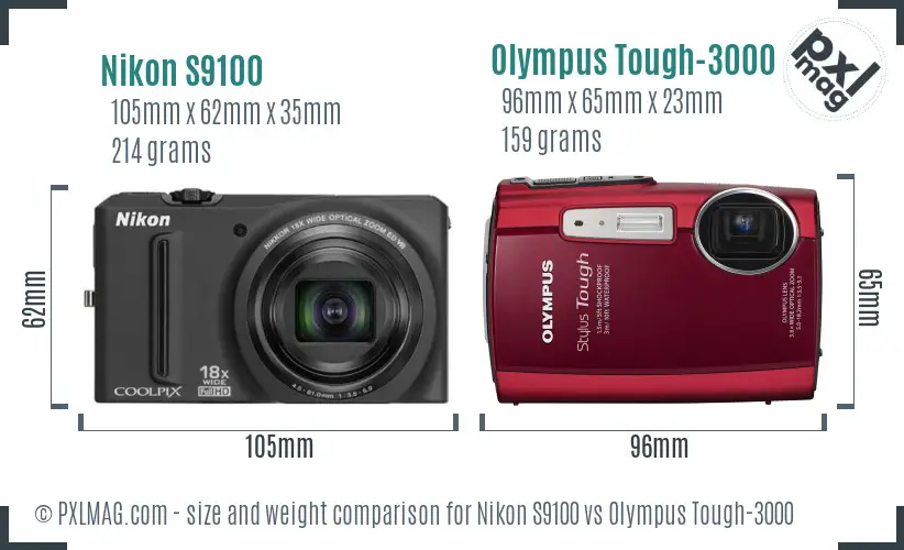 Nikon S9100 vs Olympus Tough-3000 size comparison