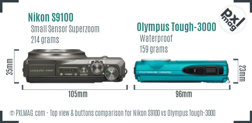 Nikon S9100 vs Olympus Tough-3000 top view buttons comparison