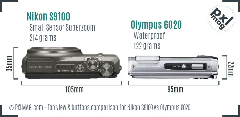 Nikon S9100 vs Olympus 6020 top view buttons comparison