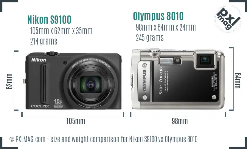 Nikon S9100 vs Olympus 8010 size comparison