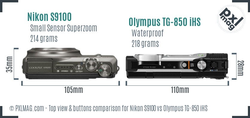 Nikon S9100 vs Olympus TG-850 iHS top view buttons comparison