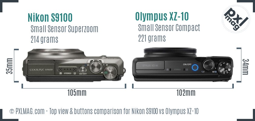 Nikon S9100 vs Olympus XZ-10 top view buttons comparison