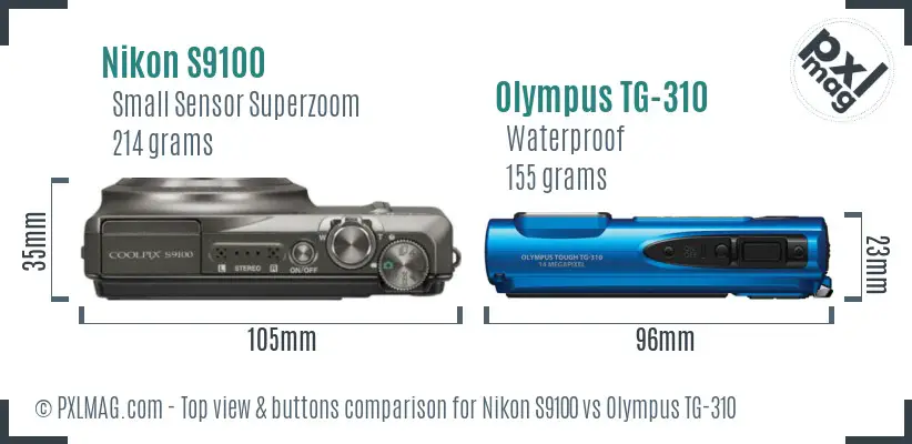 Nikon S9100 vs Olympus TG-310 top view buttons comparison Nikon S9100 vs Olympus TG-310 top view buttons comparison