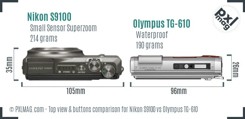 Nikon S9100 vs Olympus TG-610 top view buttons comparison