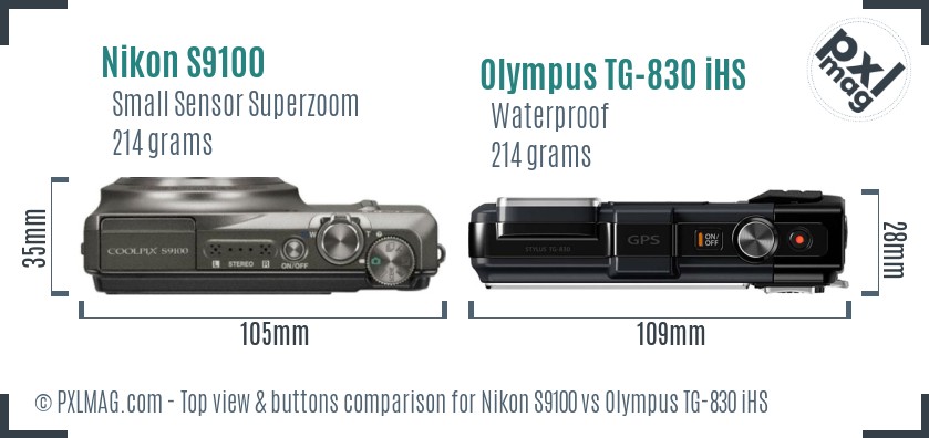 Nikon S9100 vs Olympus TG-830 iHS top view buttons comparison