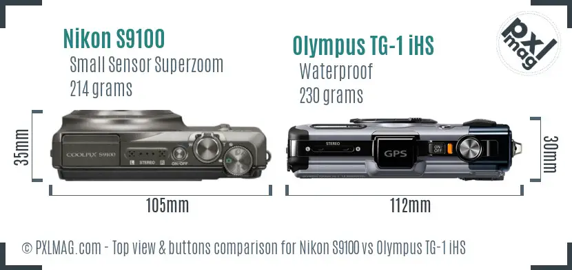 Nikon S9100 vs Olympus TG-1 iHS top view buttons comparison