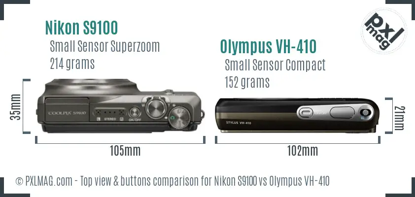 Nikon S9100 vs Olympus VH-410 top view buttons comparison