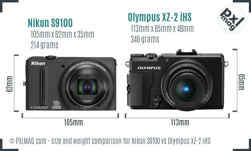 Nikon S9100 vs Olympus XZ-2 iHS size comparison