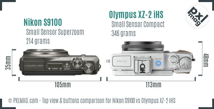 Nikon S9100 vs Olympus XZ-2 iHS top view buttons comparison