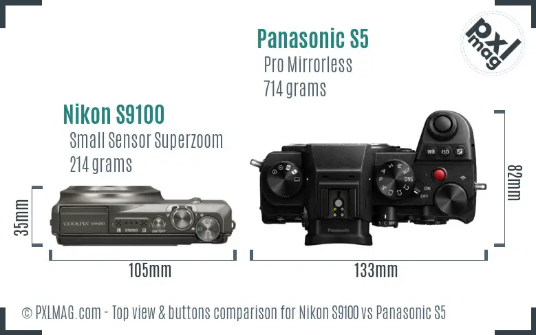 Nikon S9100 vs Panasonic S5 top view buttons comparison
