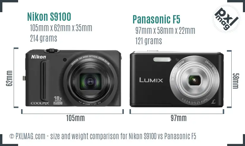 Nikon S9100 vs Panasonic F5 size comparison