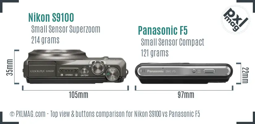 Nikon S9100 vs Panasonic F5 top view buttons comparison