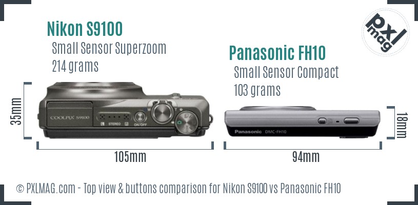 Nikon S9100 vs Panasonic FH10 top view buttons comparison