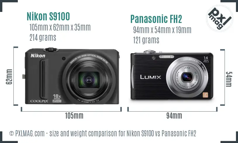 Nikon S9100 vs Panasonic FH2 size comparison