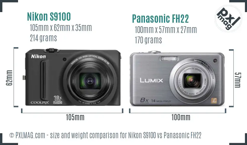 Nikon S9100 vs Panasonic FH22 size comparison