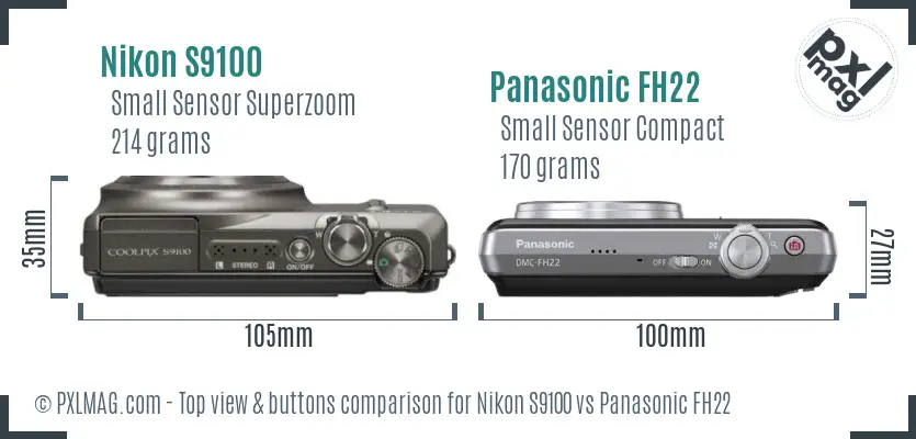 Nikon S9100 vs Panasonic FH22 top view buttons comparison