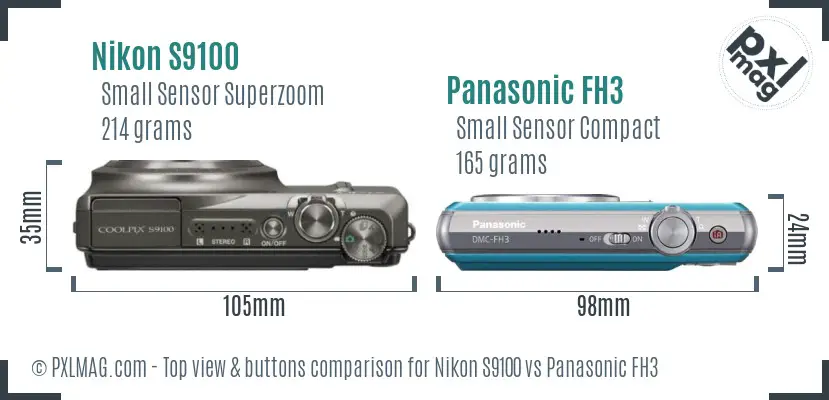 Nikon S9100 vs Panasonic FH3 top view buttons comparison