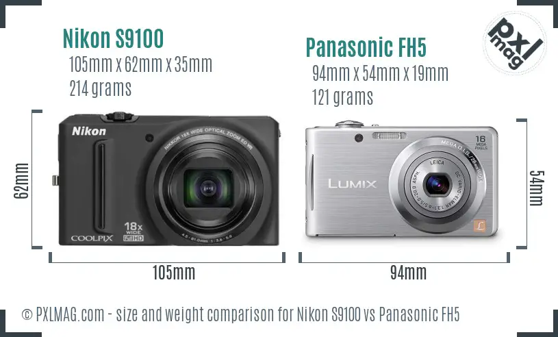 Nikon S9100 vs Panasonic FH5 size comparison