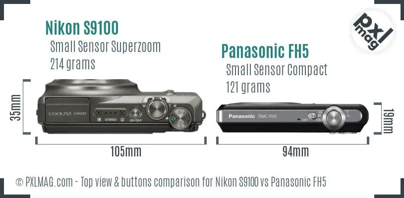 Nikon S9100 vs Panasonic FH5 top view buttons comparison