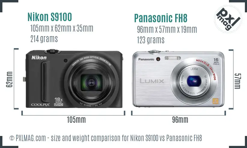 Nikon S9100 vs Panasonic FH8 size comparison