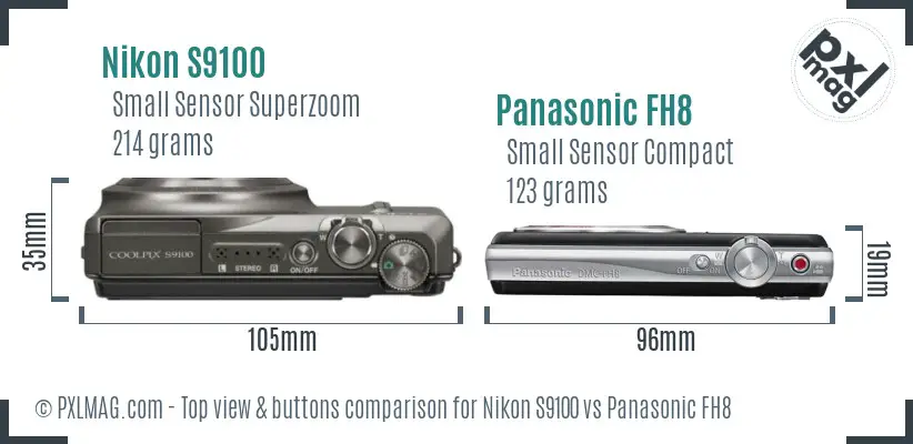 Nikon S9100 vs Panasonic FH8 top view buttons comparison