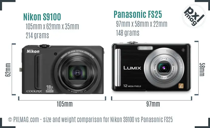 Nikon S9100 vs Panasonic FS25 size comparison