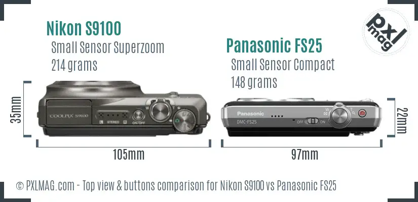 Nikon S9100 vs Panasonic FS25 top view buttons comparison