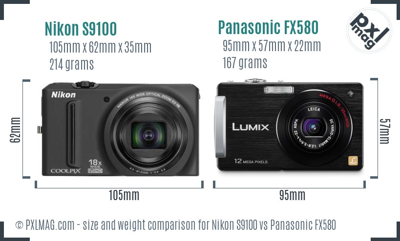 Nikon S9100 vs Panasonic FX580 size comparison