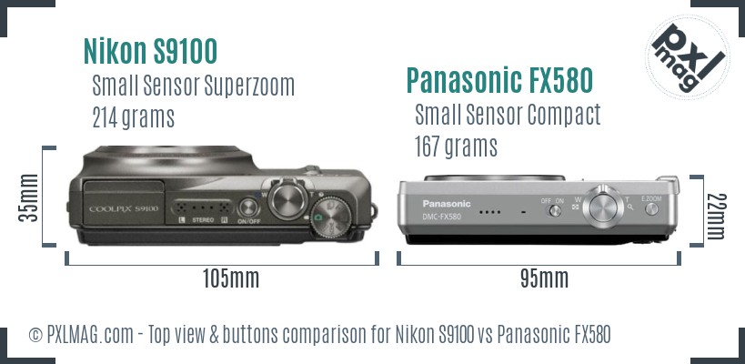 Nikon S9100 vs Panasonic FX580 top view buttons comparison