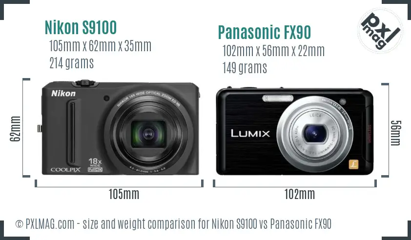 Nikon S9100 vs Panasonic FX90 size comparison