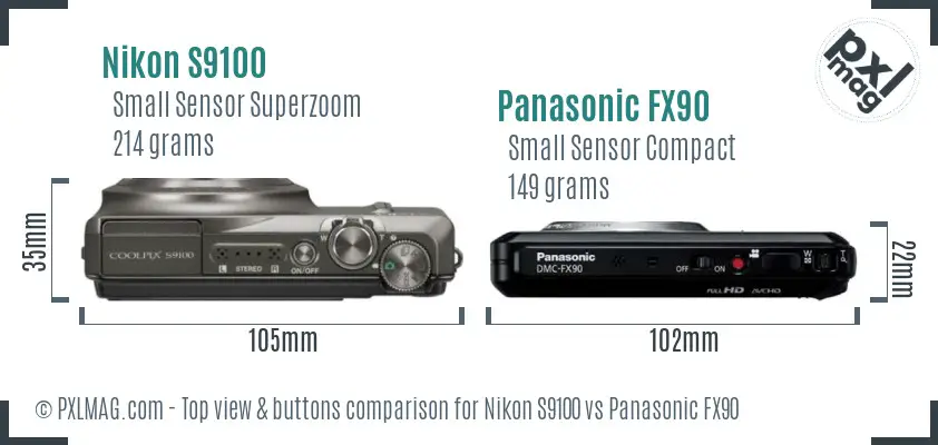 Nikon S9100 vs Panasonic FX90 top view buttons comparison