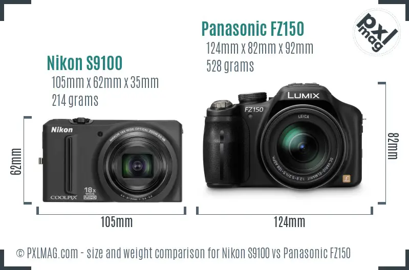 Nikon S9100 vs Panasonic FZ150 size comparison