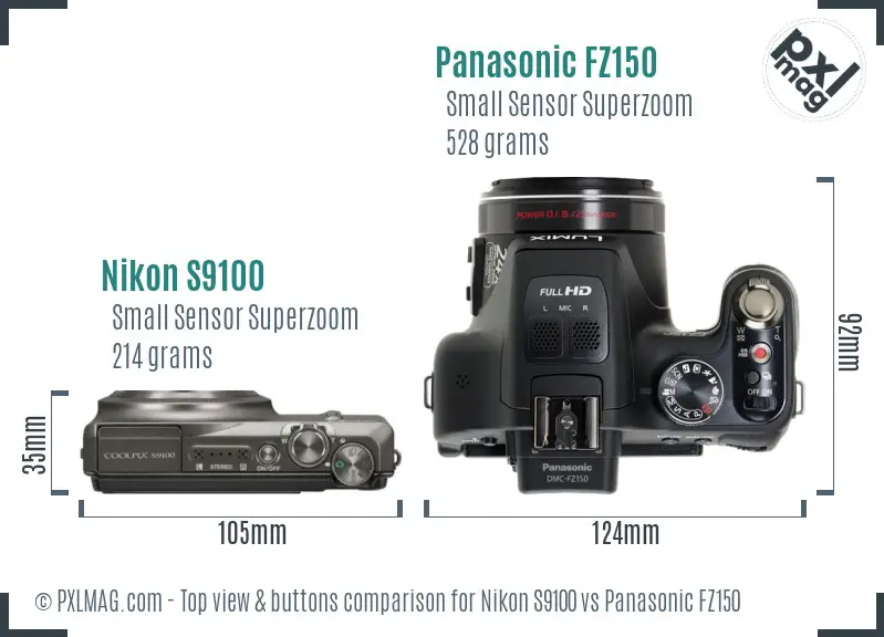 Nikon S9100 vs Panasonic FZ150 top view buttons comparison