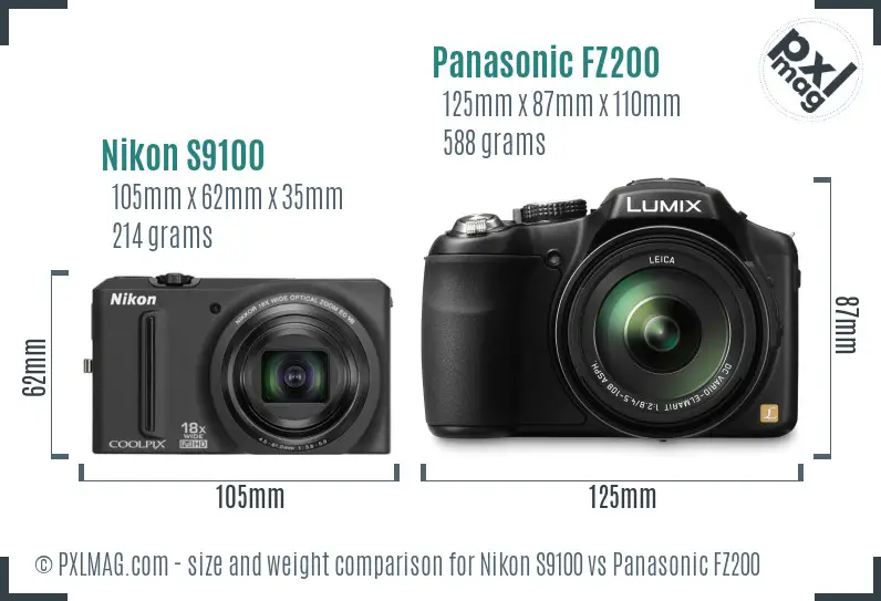 Nikon S9100 vs Panasonic FZ200 size comparison