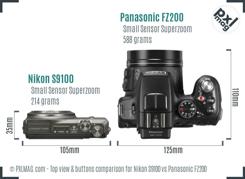 Nikon S9100 vs Panasonic FZ200 top view buttons comparison