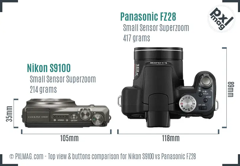 Nikon S9100 vs Panasonic FZ28 top view buttons comparison Nikon S9100 vs Panasonic FZ28 top view buttons comparison