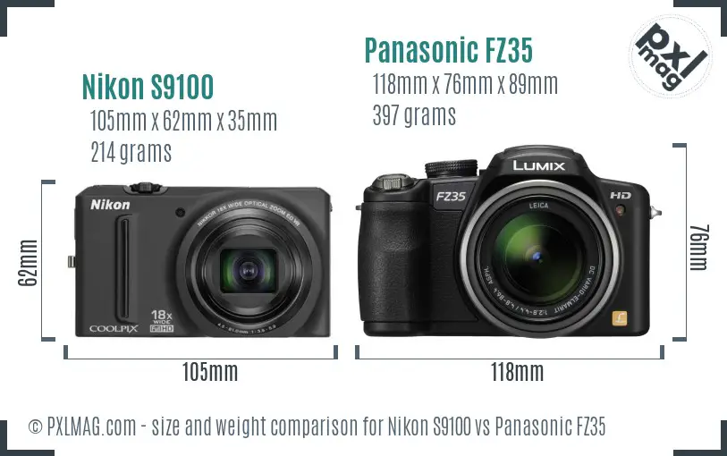 Nikon S9100 vs Panasonic FZ35 size comparison