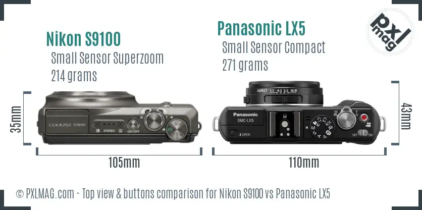Nikon S9100 vs Panasonic LX5 top view buttons comparison