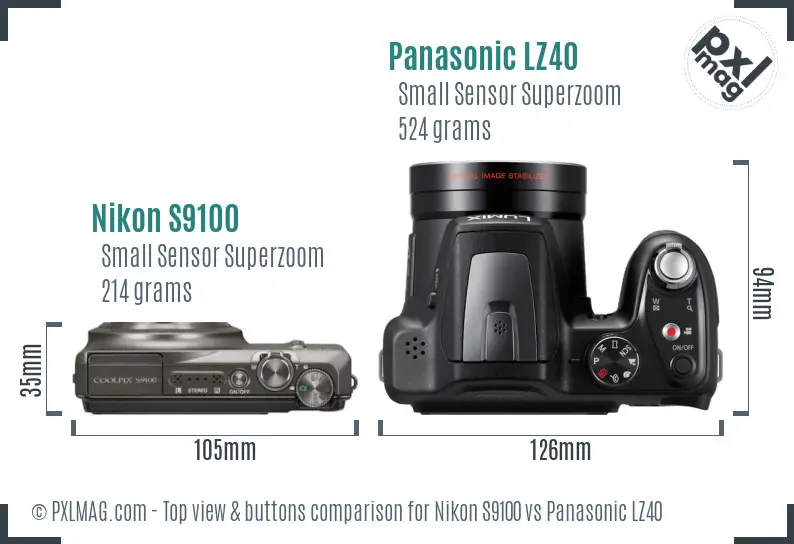 Nikon S9100 vs Panasonic LZ40 top view buttons comparison Nikon S9100 vs Panasonic LZ40 top view buttons comparison