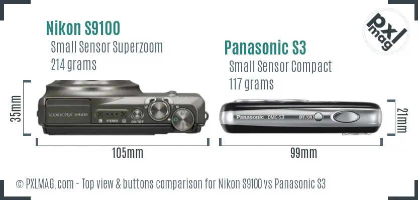 Nikon S9100 vs Panasonic S3 top view buttons comparison Nikon S9100 vs Panasonic S3 top view buttons comparison
