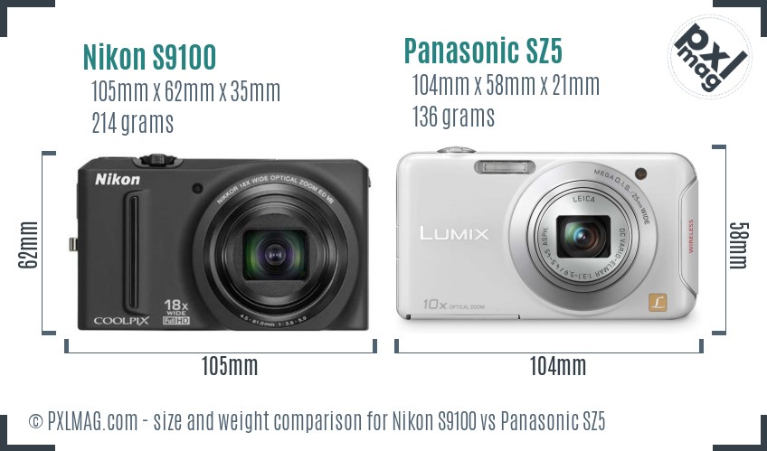 Nikon S9100 vs Panasonic SZ5 size comparison