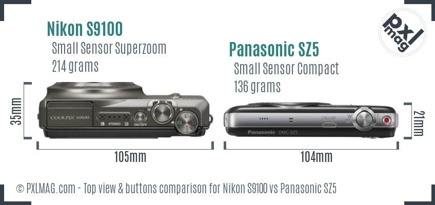 Nikon S9100 vs Panasonic SZ5 top view buttons comparison