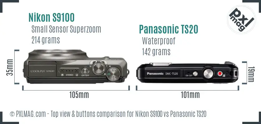 Nikon S9100 vs Panasonic TS20 top view buttons comparison
