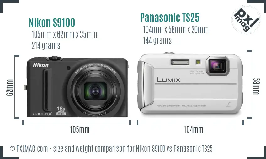 Nikon S9100 vs Panasonic TS25 size comparison