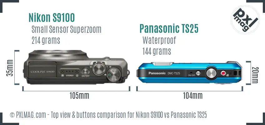 Nikon S9100 vs Panasonic TS25 top view buttons comparison