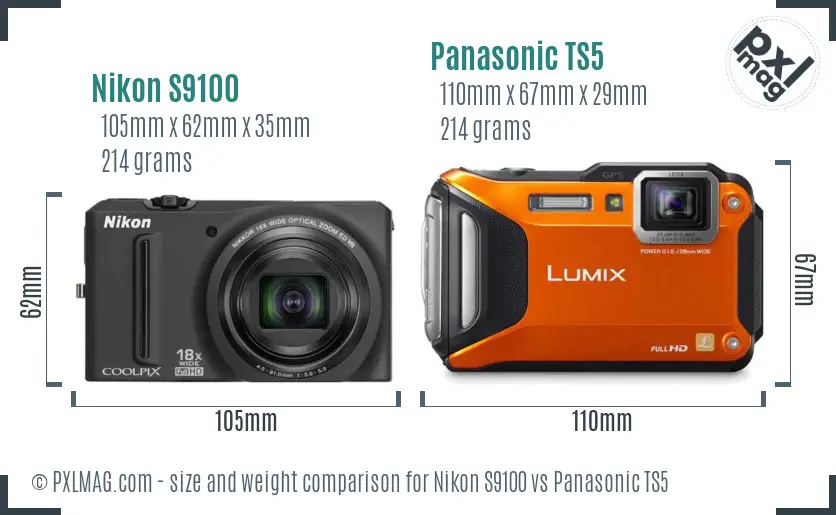 Nikon S9100 vs Panasonic TS5 size comparison