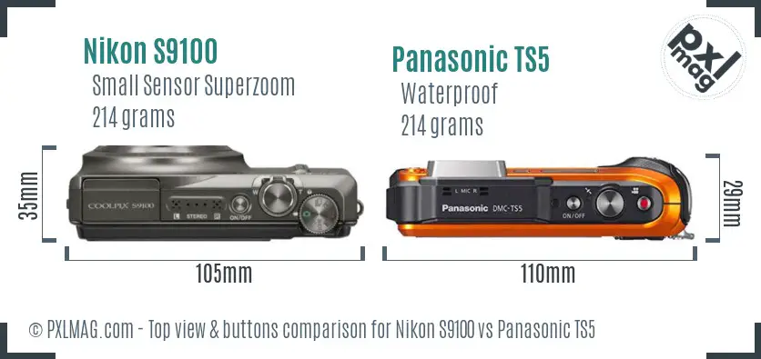 Nikon S9100 vs Panasonic TS5 top view buttons comparison