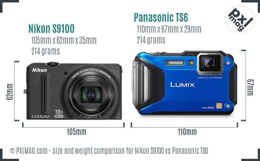 Nikon S9100 vs Panasonic TS6 size comparison