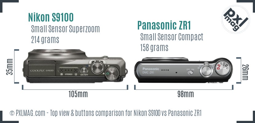 Nikon S9100 vs Panasonic ZR1 top view buttons comparison