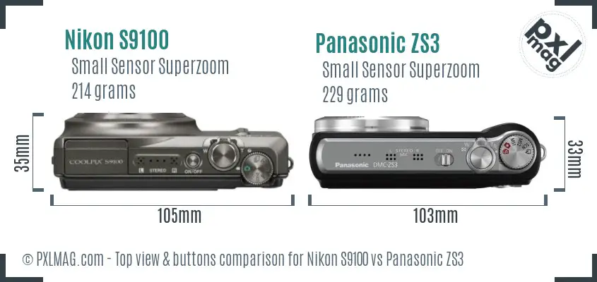 Nikon S9100 vs Panasonic ZS3 top view buttons comparison Nikon S9100 vs Panasonic ZS3 top view buttons comparison